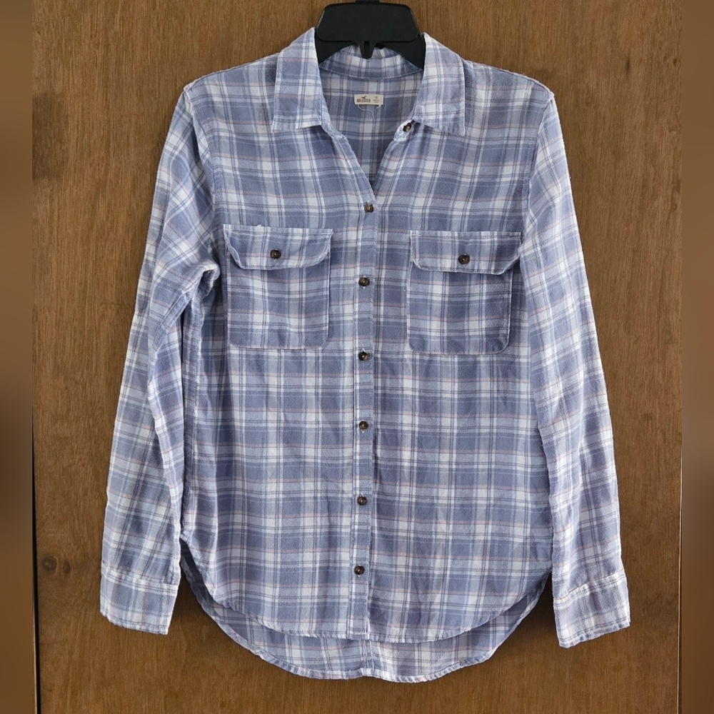 Hollister Light Blue And Pink Plaid Wom Flannel Shirt